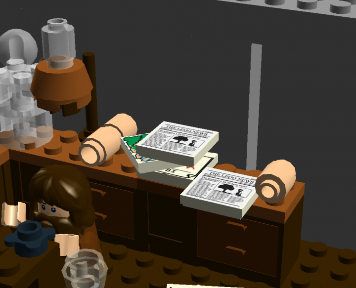 LEGO MOC - Because we can! - Mendeleev D.: Critical Point: Здесь свёрнутый ватман, стопка газет и разных листовок и ещё один полу-ватман.