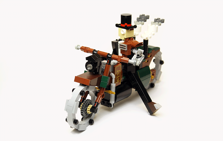 LEGO MOC - Steampunk Machine - Thomas Watts' Steam Motorcycle (Miniland): <br>Watt's steam cycle with dignity withstand all the trials, as well as his inventor.<br>