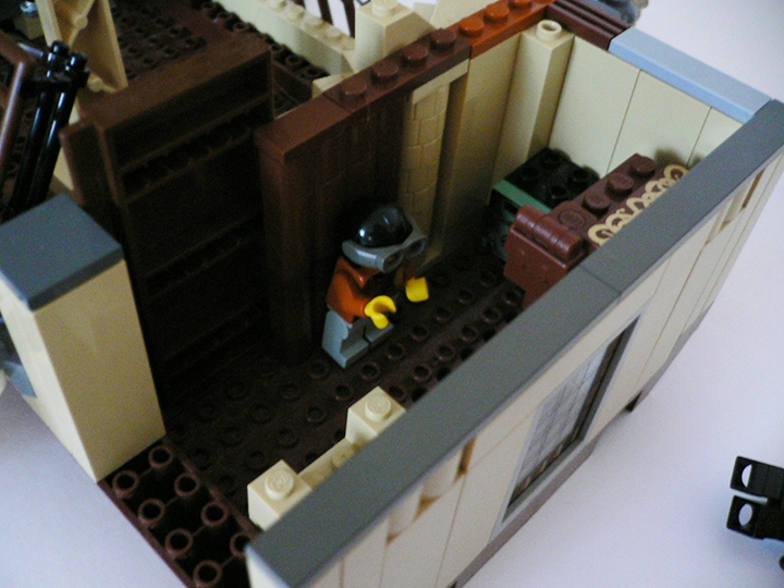 LEGO MOC - Steampunk Machine - Flying Steamship: Каюта капитана и, по совместительству, изобретателя. Корабль с трудом помещался на фото столе, так что минифигуркам приходилось лежать прямо на бумаге.