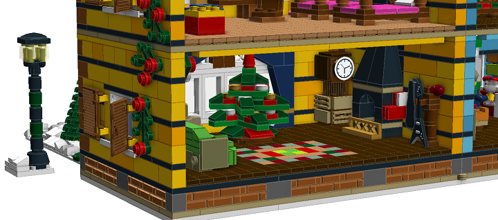 LEGO MOC - New Year's Brick 2014 - Новый Год в семейном доме: Зал с музыкальными инструментами, елкой (совершенно обыкновенной, натуральной елкой), удобным диваном и винтовой лестницей. На стенах висят гирлянды.