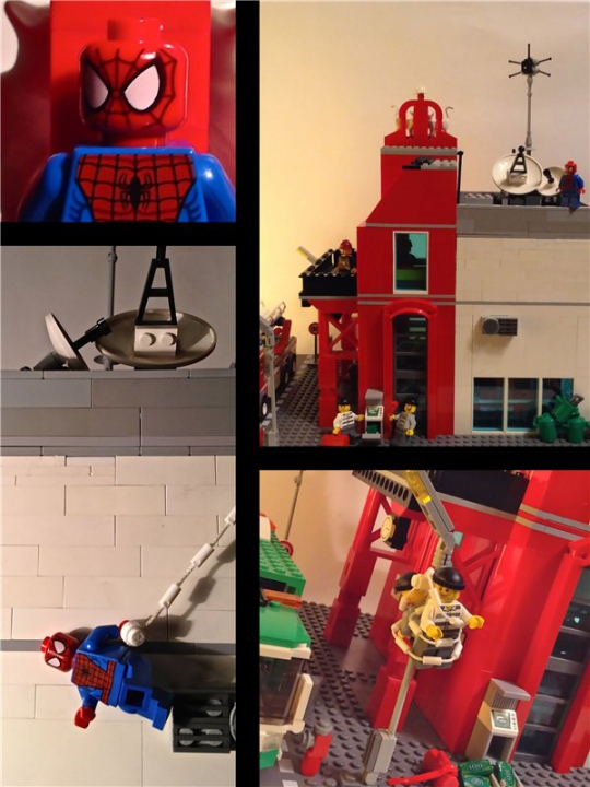 LEGO MOC - New Year's Brick 2014 - Дежурство в новогоднюю смену: Пожарник по имени борода вышел на балкон и сильно удивился, увидев двух связанных бандитов липкой паутиной.<br />
<br />
<p>-Ура! Спайди поймал преступников! - радостно воскликнул Борода.<p><br />
<p>...<br />
<p>Что-то пошло не так... Каким-то образом Преступники смогли освободиться от паутины и побежали в сторону моста. Что делать?