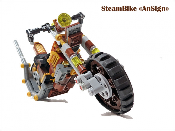 LEGO MOC - Mini-contest 'Lego Technic Motorcycles' - SteamBike 'AnSign': Колеса уже имеют резиновое покрытие - это позволяет сглаживать неровности дорог.