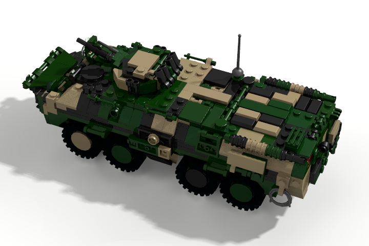 LEGO MOC - LDD-contest '20th-century military equipment‎' - BTR-80: В лобовой части корпуса размещается отделение управления, в котором, слева и справа соответственно, находятся механик-водитель и командир бронетранспортёра. За ним располагается отделение десанта, совмещённое с боевым. Шесть десантников в кормовой части десантного отделения располагаются в нём на двух продольных пластиковых сиденьях в центре, сидя лицом к борту. В передней части, сразу за местами механика-водителя и командира, находятся два одиночных сидения для оставшихся членов десанта, при этом правое сиденье развёрнуто по ходу машины, чтобы обеспечить возможность ведения огня, а левое, занимаемое членом десанта, в боевых условиях становящимся башенным стрелком, развёрнуто спиной к борту. Возле мест всех членов десанта, кроме башенного стрелка, в бортах имеются восемь шаровых установок с углами горизонтальной наводки от ±15 до ±25° для стрельбы из личного оружия. Шаровые установки развёрнуты в направлении передней полусферы, в результате чего задняя полусфера является мёртвой зоной для десантников, небольшая мёртвая зона имеется и спереди слева. Также, ещё два лючка для обстрела верхней полусферы, без шаровых установок, имеются в десантных люках в крыше