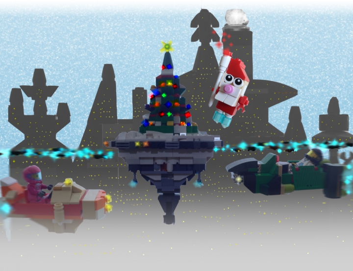LEGO MOC - New Year's Brick 3015 - Новый год в облаках: Первая картинка иллюстрирует новогоднее оживление на улицах города будущего, выпущены новогодние платформы и дройды-Деды морозы (немного фотошопа, но все, включая сам город и машинки на заднем плане сделано мной из лего).