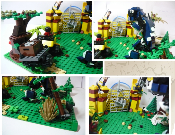 LEGO MOC - Jurassic World - Атака разъяренного динозавра на лагерь охотников.: На этом фото, Вы можете более детально рассмотреть работу. Видны и деревья, кусты и рельеф, так же динозавр и внедорожник, и защищенные ворота на базу.