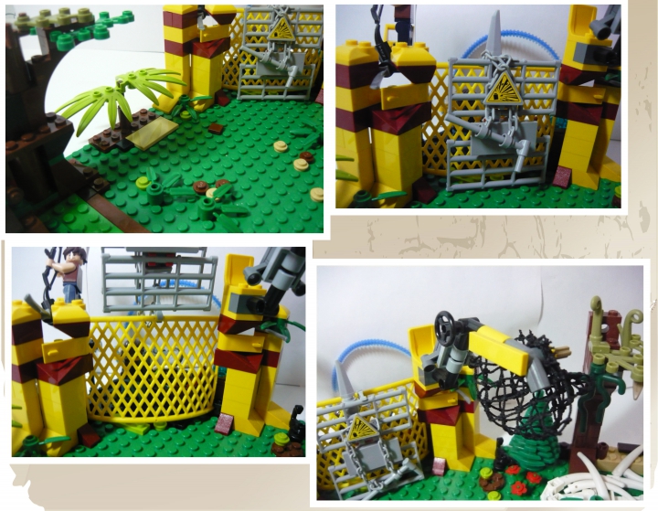LEGO MOC - Jurassic World - Атака разъяренного динозавра на лагерь охотников.: Теперь предлагаю перейти в рассмотрению самой базы или лагеря охотников на динозавров снаружи. Желтые стены с бардовыми полосами и торчащими кольями из них помогают при обороне. Вход закрыт прочной железной решеткой, с цепью и специальным знаком. Сверху на решетке так же есть металлический кол. Железная решетка поднимается, а за ней желтая сетка. Сбоку имеется манипулятор, что бы ловить маленьких динозавров и ящеров, а так же класть туда приманку.