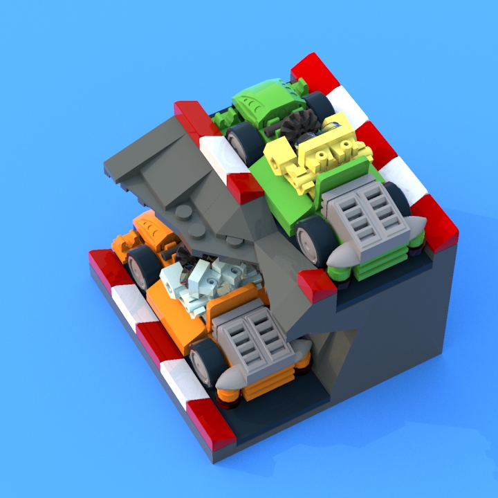 LEGO MOC - Battle of the Masters 'In cube' - Гонки роботов на картингах: Дорогу получилось сделать лишь немногим шире картингов. Кстати, задействована старая-престарая деталь 2441 - Vehicle Base 4x7x2/3.