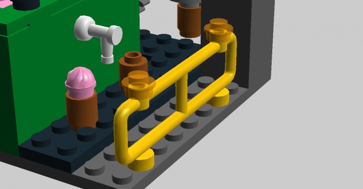 LEGO MOC - Battle of the Masters 'In cube' - ФАБРИКА МОРОЖЕНОГО: Краник, из которого мороженое выливается в стаканчик. Слева виден уже наполненный стаканчик, а следующий стаканчик еще пустой. Спереди находится загородка.