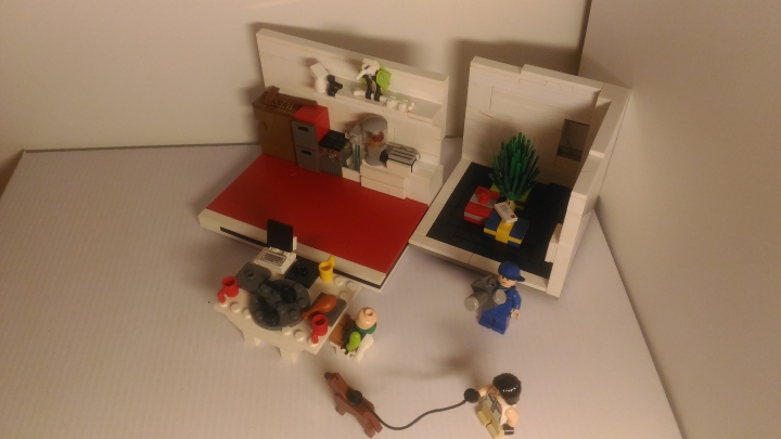LEGO MOC - New Year's Brick 2017 - Новогодняя комната семьи:  В этой работе находиться кухня и зал.Работа в этой работе находиться кухня и зал выполнена в основном белых и чёрных цветах.
