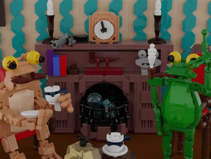 LEGO MOC - Detective Contest - Sherlock Frogs and Doctor Toadson: Я периодически бросал свой взгляд на камин, в котором тихо и ненавязчиво лопались пузыри. А ведь забавно, какие-то эксцентричные богачи умудряются устраивать в своих прудах камины с огнем.<br />
Пробежавшись взглядом по каминной полке, на которой умещались несколько книг, пресс-папье, одна из многочисленных курительных трубок Холмса и бюст одной очень известной амфибии, я заметил лежащий неподалеку свой револьвер и побранил себя за излишнюю рассеянность - следовало бы прибрать его в ящик письменного стола. <br />
Часы показывали без пяти минут полночь. <br />
Внезапно Холмс вскочил со своего кресла. В его глазах словно бы загорелся огонь идей. 