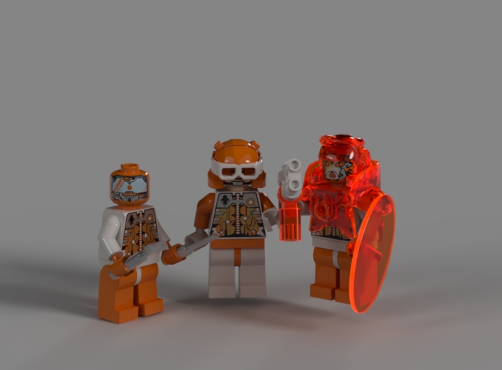 LEGO MOC - 16x16: Mech -  Мех 'Rhino 3.67': Экипаж- 3 человека: пилот (в голове меха), механик (в корпусе слева) и солдат-десантник (в корпусе справа). Пилот отвечает за управление движениями 'носорога', механик (он же наводчик) - за стрельбу и исправность механизма (для этого в корпусе есть инструменты), десантник осуществляет разведку и выполнение некоторых боевых задач, он защищён гравибронёй и вооружён плазменным бластером.