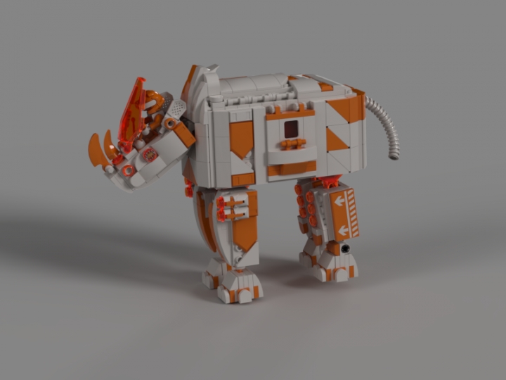 LEGO MOC - 16x16: Mech -  Мех 'Rhino 3.67': Сильные, но подвижные ноги создают хорошую опору. Весь корпус меха покрыт мощной бронёй, как носорожьей кожей. Все прозрачные элементы выполнены из гравиплазмы и обеспечивают хорошую видимость при высокой прочности.