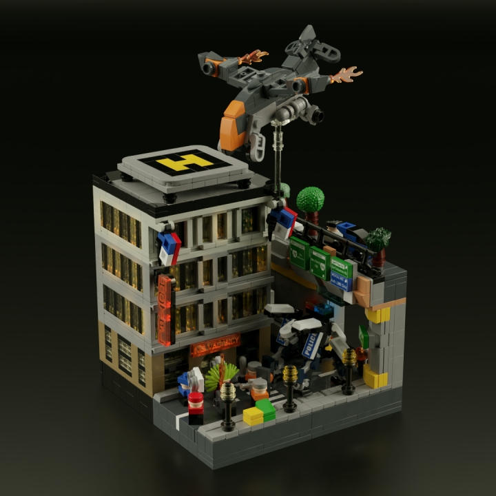 LEGO MOC - 16x16: Micro - Революция человечества. Рассвет и закат Детройта: </center></i><br><br />
Одно из столкновений между радикальными демонстрантами и полицией Детройта развернулось перед туннелем, проходящим от Коллинз-стрит к Сариф-плаза, улице, где расположен главный офис одноимённой компании.<br />
<i><center>