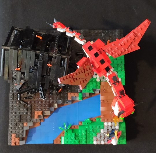 LEGO MOC - Младшая лига. Конкурс 'Средневековье'. - Роковая встреча: Вид сверху. На самом деле, дракон не выходит за пределы пластины 32х32, это оптическая иллюзия.