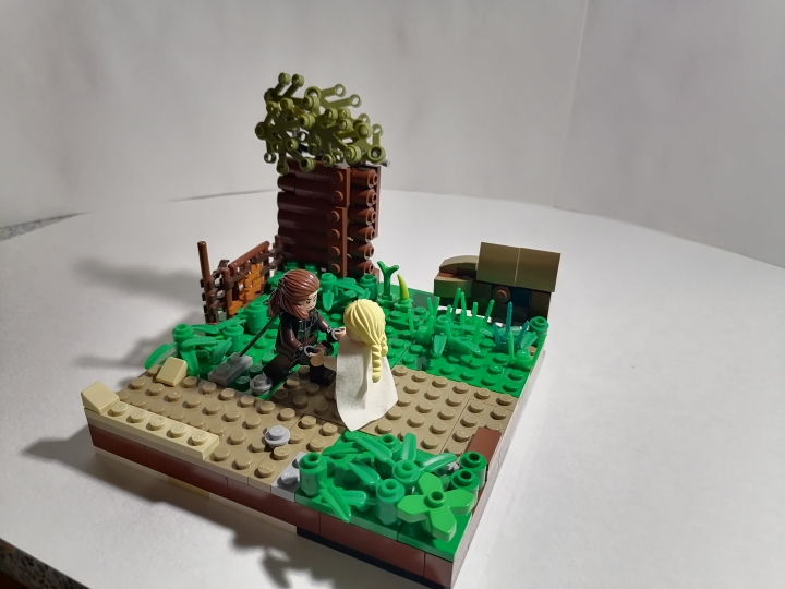 LEGO MOC - LEGO-конкурс 16x16: 'Иллюстрация' - 'Ты – нечто большее, Цири. Нечто большее.': Общий вид: <br />
Есть 3 основные декорации - Часть избушки, забор и дом в далеке<br />
