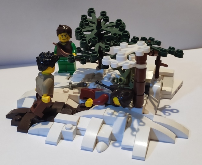 LEGO MOC - LEGO-конкурс 16x16: 'Иллюстрация' - Р.Л. Стивенсон. 'Черная стрела': Вот и сама работа. Эллис уже застрелил Сэра Дэниела, а Дик, забыв все обиды, побежал к умирающему.