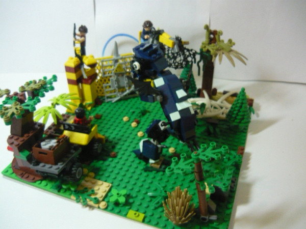 Атака разъяренного динозавра на лагерь охотников.