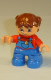 LEGO 47205pb021 Duplo Figure Lego Ville, Child Girl, Blue Legs Overalls with Yellow Flower in Pocket, Red Top, Reddish Brown Hair, Brown Eyes