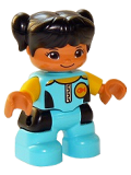LEGO 47205pb067 Duplo Figure Lego Ville, Child Girl, Medium Azure Diving Suit, Yellow Arms, Black Hair with Ponytails
