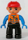 LEGO 47394pb063 Duplo Figure Lego Ville, Male, Black Legs, Orange Vest with Two Pockets and Pen, Blue Hands, Red Construction Helmet (Train Engineer)
