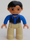 LEGO 47394pb078 Duplo Figure Lego Ville, Male, Tan Legs, Blue Top, Black Vest, Black Hair