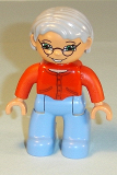 LEGO 47394pb123 Duplo Figure Lego Ville, Female, Medium Blue Legs, Red Sweater, Very Light Gray Hair, Blue Eyes, Glasses