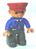 LEGO 47394pb165 Duplo Figure Lego Ville, Male, Dark Bluish Gray Legs, Blue Jacket with Tie, Red Hat, Smile with Teeth (Train Conductor)