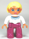 LEGO 47394pb170 Duplo Figure Lego Ville, Female, Magenta Legs, White Sweater with Blue Pattern, Bright Light Yellow Hair, Blue Eyes