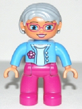 LEGO 47394pb173 Duplo Figure Lego Ville, Female, Magenta Legs, Medium Blue Top with Flower, Light Bluish Gray Hair, Blue Eyes, Glasses