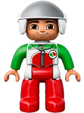LEGO 47394pb183 Duplo Figure Lego Ville, Male, Red Legs, Race Top with Zipper and Octan Logo, White Helmet