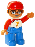 LEGO 47394pb267 Duplo Figure Lego Ville, Male, Blue Legs, White Top with Number 7 and Red Arms, Reddish Brown Hair, Red Cap