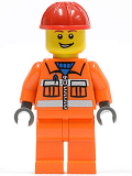 LEGO cty0368 Construction Worker - Orange Zipper, Safety Stripes, Orange Arms, Orange Legs, Red Construction Helmet, Open Grin