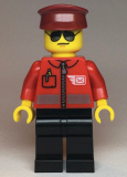 LEGO cty1106 Post Office - Airmail Letter Logo and Red Jacket with Zipper, Dark Red Hat, Black Legs, Sunglasses