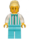 LEGO cty1151 Fairground Employee, Female - Bright Light Yellow Hair with High Bun, White Shirt with Stripes, Medium Azure Legs