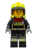 LEGO cty1362 Fire - Male, Black Jacket and Legs with Reflective Stripes and Red Collar, Neon Yellow Fire Helmet, Trans-Black Visor, Dark Orange Sideburns (Bob)