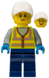 LEGO cty1483 Forklift Driver - Female, Neon Yellow Safety Vest, Dark Blue Legs, White Cap with Bright Light Yellow Hair