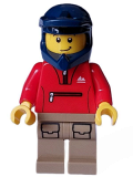 LEGO cty1571 Mountain Bike Cyclist - Male, Red Tracksuit, Dark Tan Legs with Pockets, Dark Blue Dirt Bike Helmet, Lopsided Smile