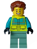 LEGO cty1572 Paramedic - Male, Dark Turquoise and Neon Yellow Safety Vest, Sand Green Legs, Reddish Brown Hair, Open Mouth Smile