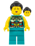 LEGO hol312 Lunar New Year Parade Participant - Musician, Female, Ornate Dark Turquoise Costume, Black Bun, Singing Face