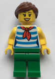 LEGO twn377 Female with Reddish Brown Ponytail and Swept Sideways Fringe Hair, Red Scarf, Blue Striped Shirt and Green Pants
