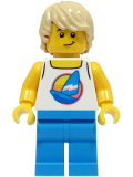 LEGO twn461 Beach Tourist - Male, White Tank Top with Dark Azure Sailboat, Dark Azure Legs, Tan Hair