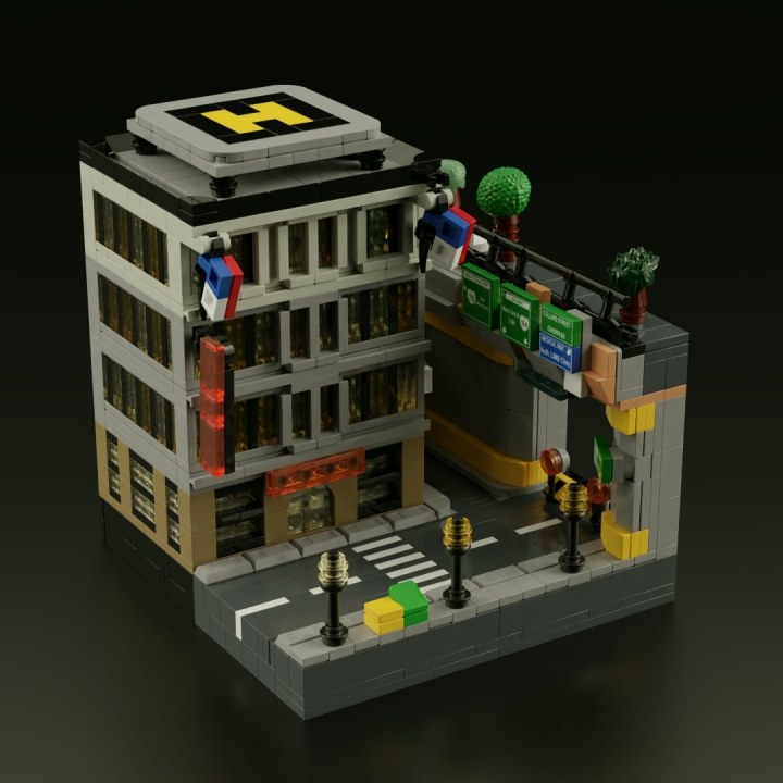 LEGO MOC - 16x16: Micro - Революция человечества. Рассвет и закат Детройта: </center></i><br><br />
В мирное же время, однако, Коллинз-стрит выглядит достаточно тихо, как и подобает любой небогато обставленной проездной улочке в Детройте. Лишь фасад здания, выполненный в стиле бизнес-центров шестидесятых годов прошлого века и вертолётная площадка на крыше напоминают о том, что когда-то это был престижный район недалеко от центра. Как знать, может, протестующие против биотехнологов и не задумываются о том, что кость, стоящая им поперёк горла - последняя в скелете благосостояния города? <br />
<i><center>