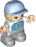 LEGO 47205pb087 Duplo Figure Lego Ville, Child Boy, Light Bluish Gray Legs, Medium Azure Top with Number 7, Tan Hair, Bright Light Blue Cap