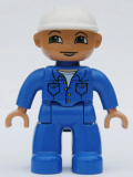 LEGO 47394pb041 Duplo Figure Lego Ville, Male, Blue Legs, Blue Top with Pockets, White Hat, Green Eyes (Forklift Driver)