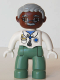 LEGO 47394pb066 Duplo Figure Lego Ville, Male Medic, Sand Green Legs, White Top with Stethoscope, Light Bluish Gray Hair, Brown Head, Glasses, Moustache, White Hands