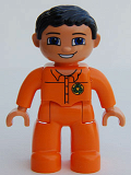 LEGO 47394pb073 Duplo Figure Lego Ville, Male, Orange Legs, Flesh Hands, Orange Top with Recycle Logo, Black Hair, Blue Eyes