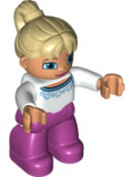 LEGO 47394pb197 Duplo Figure Lego Ville, Female, Magenta Legs, White Sweater with Blue Pattern, Tan Ponytail Hair, Blue Eyes