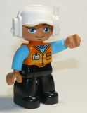 LEGO 47394pb288 Duplo Figure Lego Ville, Male, Black Legs, Orange Vest with Badge and Pocket, Medium Azure Arms, White Cap with Headset