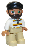 LEGO 47394pb308 Duplo Figure Lego Ville, Male, Tan Legs, White Top with Stripes, Black Cap, Dark Brown Beard