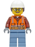 LEGO cty1405 Construction Worker - Female, Orange Safety Vest, Reflective Stripes, Reddish Brown Shirt, Sand Blue Legs, White Construction Helmet with Dark Brown Hair, Glasses